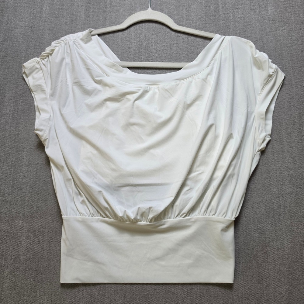 Halara Blouse Women S White Dolman Sleeve Banded Waist Draped Boat Neck Top